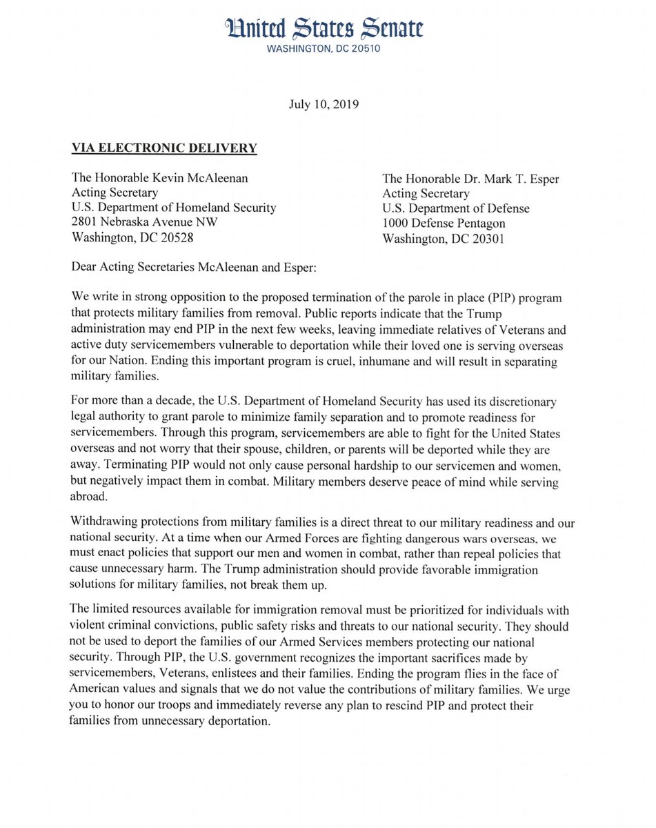Letter to Trump Admin on deporting military spouses and families (page 1)