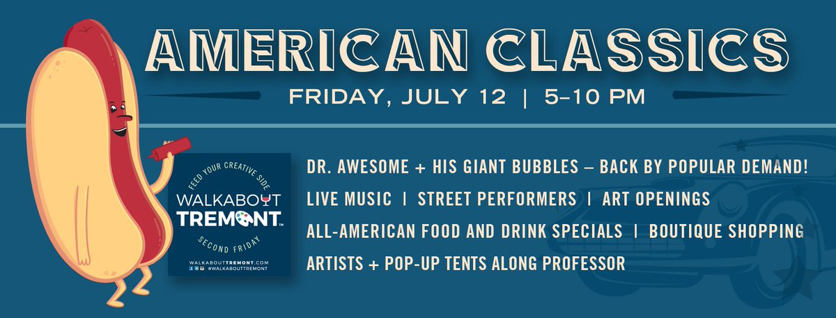 #WalkaboutTremont is tomorrow night. Weather looks good and should be a great night. <a href="/drurawesome/">Dr. UR Awesome</a> is back with his giant bubbles, plus more street performers, art openings, food &amp; drink specials. Check out more details at: experiencetremont.com/2019/07/walkab…