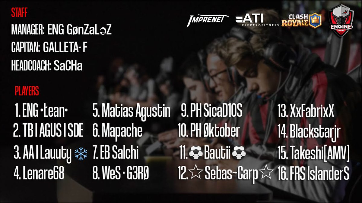 "Es cuestión de tiempo llegar a ser los mejores".

Nos acompañan a lo largo del duro y dificil camino, aspiran a las mejores competencias y no hay duda que se las daremos. 

#GoENG <a href="/EngineXGaming/">Engine Gaming</a>