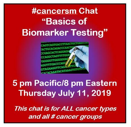 lcsmchat's tweet image. TODAY! In lieu of July’s #LCSM Chat, we will join other cancer communities on Thu 7/11 at 8 pm ET for a joint chat “Basics of Biomarker Testing" moderated by @TimAllenMDJD. Our hashtag will be #CANCERSM. Read more about it here: lcsmchat.com/2019/07/09/can… Please join us! #hcsm