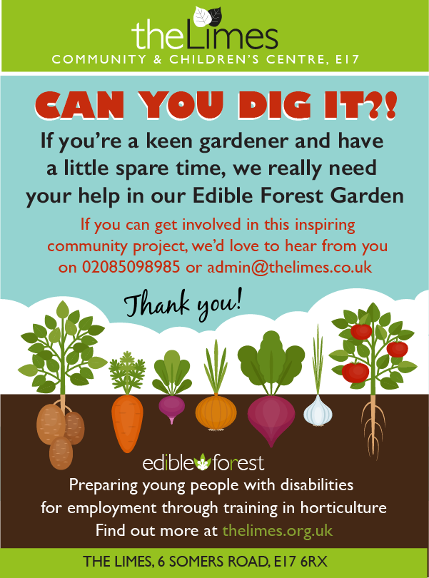 The Limes (@thelimese17) on Twitter photo Edible Forest Garden is a space where disabled young people learn horticulture in preparation for employment. We need green-fingered volunteers to help maintain the garden. Thurs preferable but flexible. Can you help?🙏 Get in touch on 02085098985 or admin@thelimes.org.uk 👨🌾 #E17 Edible Forest Garden is a space where disabled young people learn horticulture in preparation for employment. We need green-fingered volunteers to help maintain the garden. Thurs preferable but flexible. Can you help?🙏 Get in touch on 02085098985 or admin@thelimes.org.uk 👨🌾 #E17