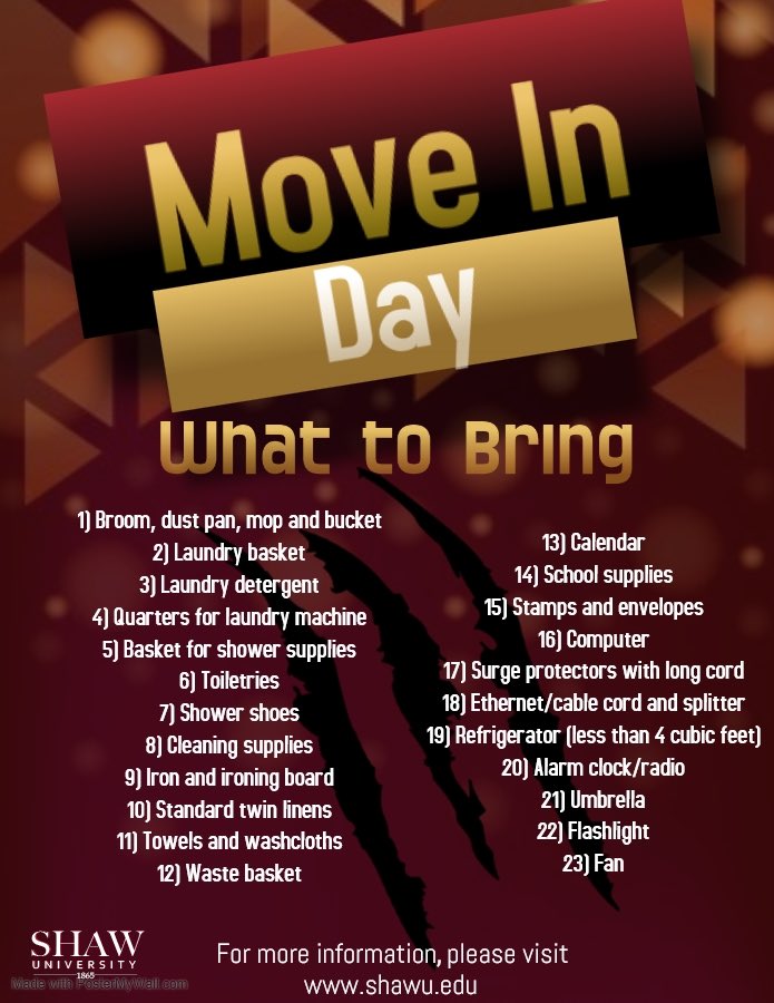 #ShawU23 Here’s a list of what you should bring when you move in! We can’t wait to meet you! #ShawUBears 🐻🎉