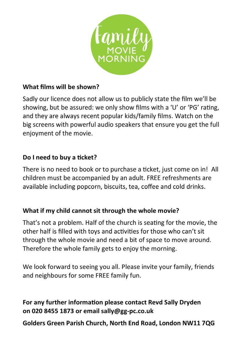 revdsallydryden's tweet photo. Saturday 10-12 @GGPCLondon Family Movie Morning. All FREE incl popcorn and drinks. You’ve got a friend in us. #family #movie #fun #popcorn @Pramstead_ @mumsinfinchley @HampsteadMums @BarnetMums https://t.co/Fde63SIAXA