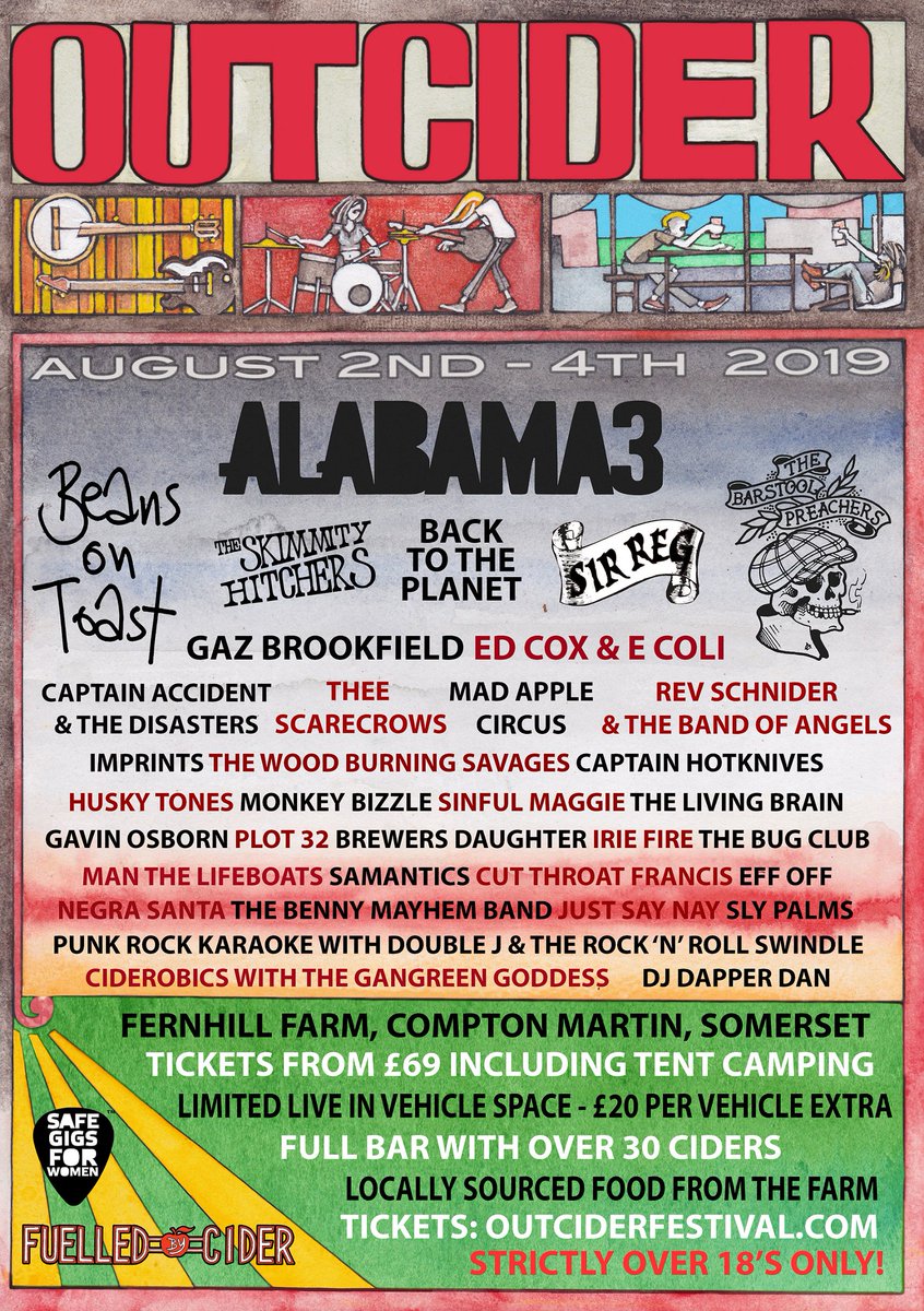 <a href="/outciderfest/">Outcider Festival</a> Festival 2019 is coming soon! 2nd - 4th August #FernhillFarm1 Somerset. Featuring 35 acts on 2 stages inc #TheAlabama3 #beanstoast #BarPreachers #GazBrookfield #TWBSavages &amp; many more! Weekend &amp; Day Tickets available, live-in vehicles welcome outciderfestival.com