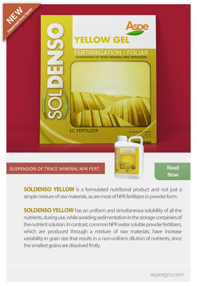 Our gel formulation, Soldenso, is a NPK fertilizer with trace elements, used for fertirrigation and foliar applications.

buff.ly/2YJXZeE