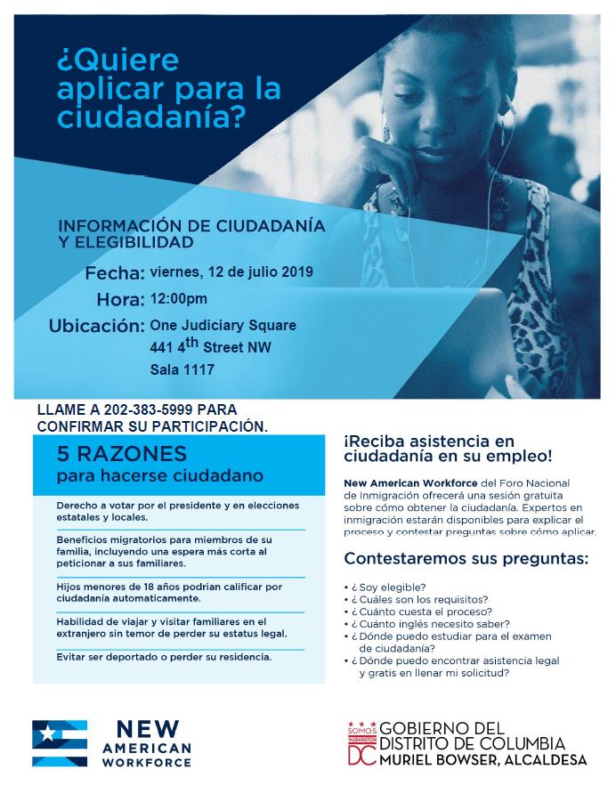 DCHumanRights's tweet photo. “Regardless of immigration status, immigrants in DC are our neighbors, coworkers, family members and valued members of our community."
Join @MayorBowser and @NatImmForum at tomorrow’s workshop on citizen information and eligibility. #DCValues #ImmigrantsContribute https://t.co/QHhR42YHvL