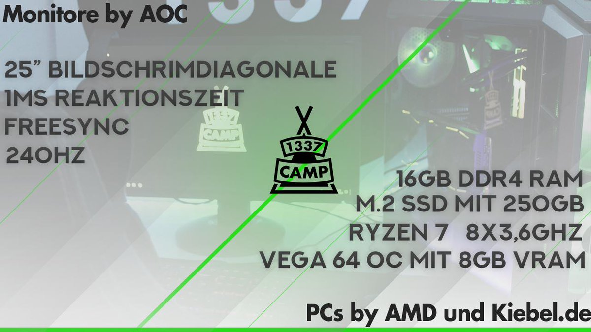 1337Camp's tweet photo. Zu jeder Buchung könnt ihr folgendes Equipment kostenlos mieten:

 🖱️High End PCs* by @AMD_Deutschland und @kiebel_de
🖥️240Hz Monitore by @AOC_Gaming

Nicht vergessen: Like + Retweet = Matchmaking luck 😉

*Wir installieren auch Spiele vor, einfach Bescheid geben 😁 https://t.co/XOniB9kWqH