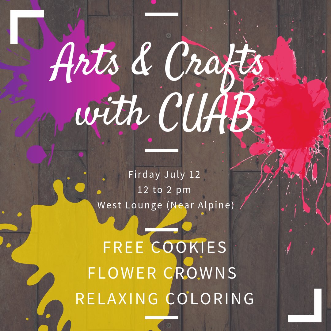 CUAB's tweet photo. Get in a DIY mood for our crafting tomorrow! Create flower crowns, color, and design cookies in the West Lounge tomorrow from 12 to 2. #cuablovesyou #diymood https://t.co/iMXJ5z35dI