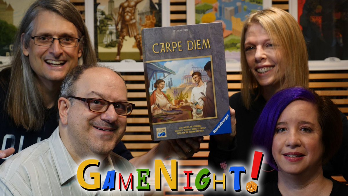 BoardGameGeek's tweet photo. Tonight on GameNight! @ChilibeanNP, @JackieFox1976, Dave and @heccubustwit play Carpe Diem, a game designed by Stefan Feld and published by @RavensburgerNA / Alea. This game has been nominated for a 2019 
Kenner @SpieldesJahres award.—Lincoln https://t.co/U7E38EKrBv https://t.co/o01rWmR9F0