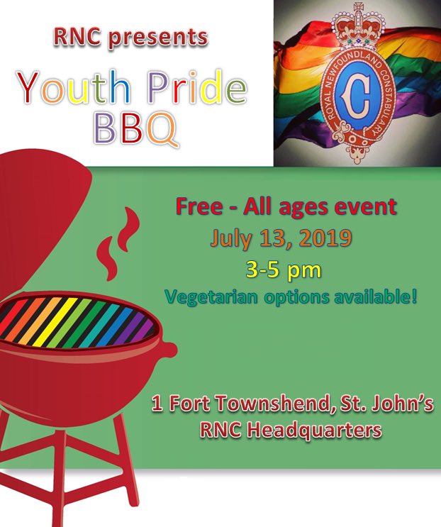 RNC_PoliceNL's tweet image. 📢 Come by RNC HQ this Saturday from 3-5pm for our free, accessible, all ages, Youth #Pride Barbecue! Let’s celebrate #PrideAndProgress together! #SomeShockinProud #PrideWeek @StJohnsPrideNL