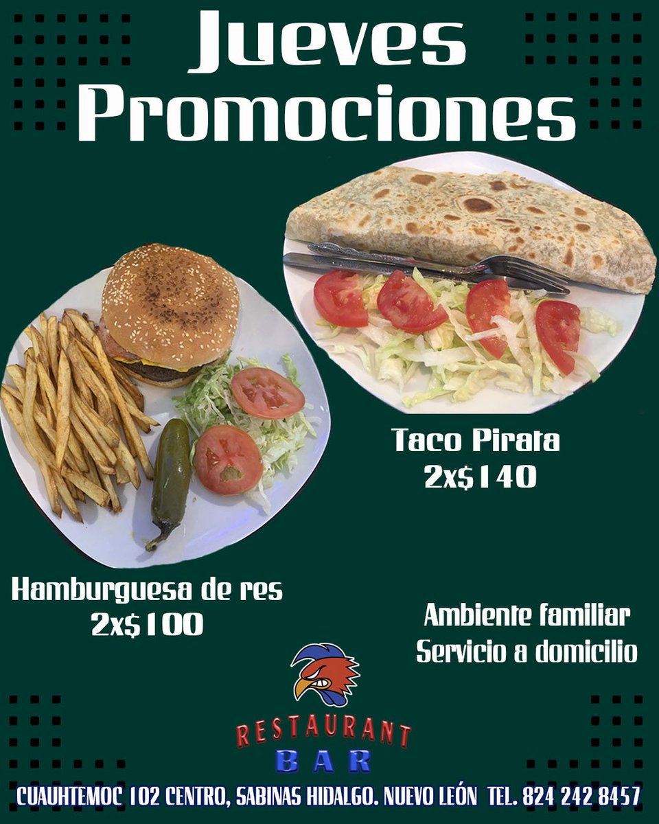 gallosbar's tweet photo. Las promociones del Jueves
🍔Hamburguesa de res sencilla 2x$100
🌮Taco pirata 2x$140
👨‍👩‍👧‍👦 Ambiente familiar
🏍Servicio a domicilio 2428457
👉Para brindarles un mejor servicio los pedidos solo se realizan por teléfono.📞 https://t.co/5ZHqu8jH4o