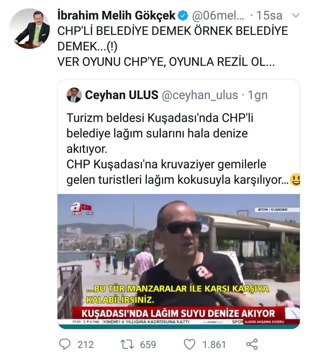 Melih Bey, sıkıntıya sebep olan Damlacık Deresi, DSİ'nin yetkisi ve sorumluluğu altındadır. Hükümet bu sorunun çözümü için hiçbir çalışma gerçekleştirmemiştir.

A Haber’den Kuşadası’nı izleyeceğinize, evinizdeki kameralardan Ankara’nın sellerini izleseydiniz keşke. <a href="/melihgokcek06/">İbrahim Melih Gökçek</a>