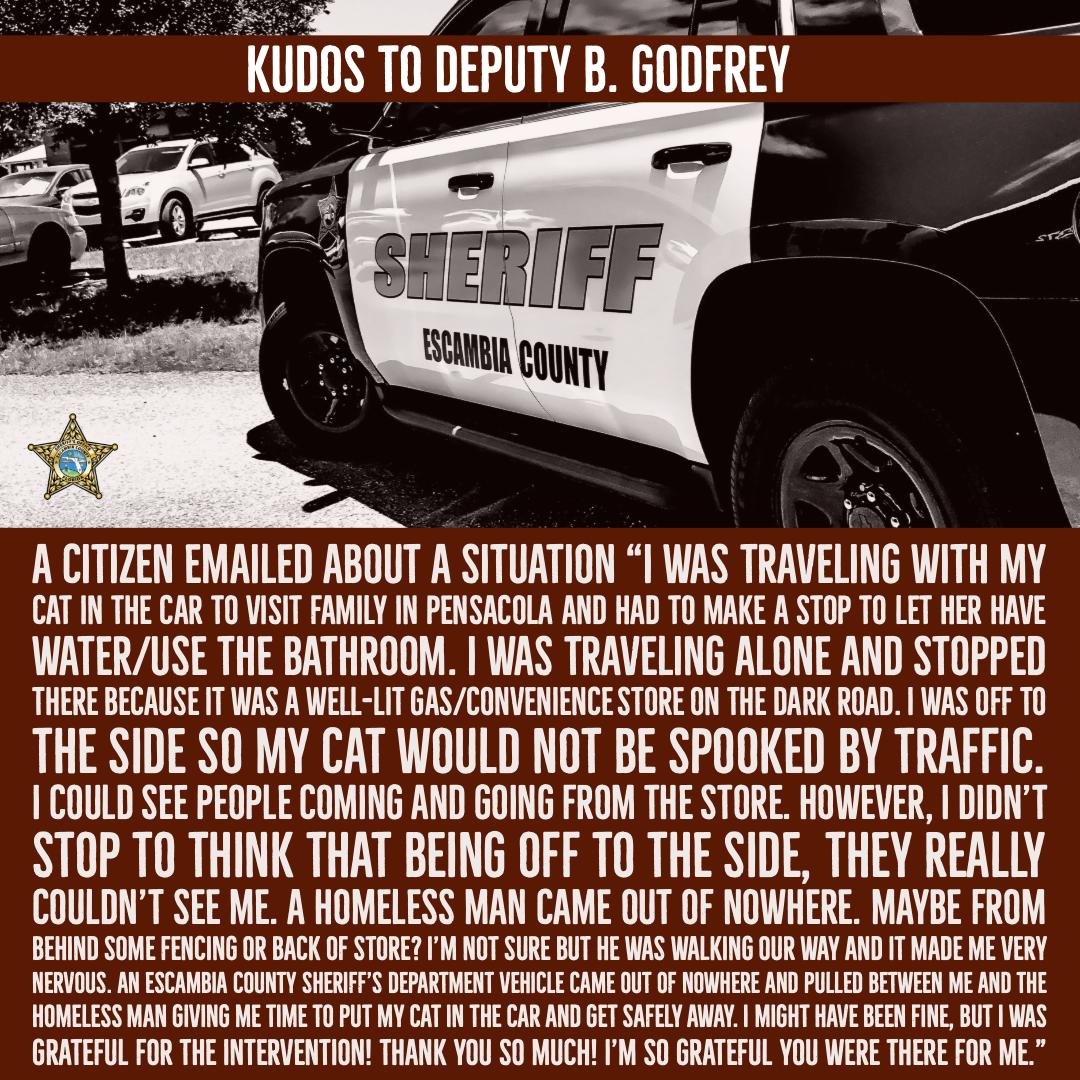 ECSONews's tweet photo. ECSO KUDOS to Deputy B. Godfrey
We received an email from Maureen D. who wanted to thank Deputy Godfrey for his assistance
If you have a positive interaction with one of your men & women in green, email us at thankacop@escambiaso.com.
#YourSheriffsOffice #ECSO #BeTheDifference https://t.co/YPqPw4oKdd