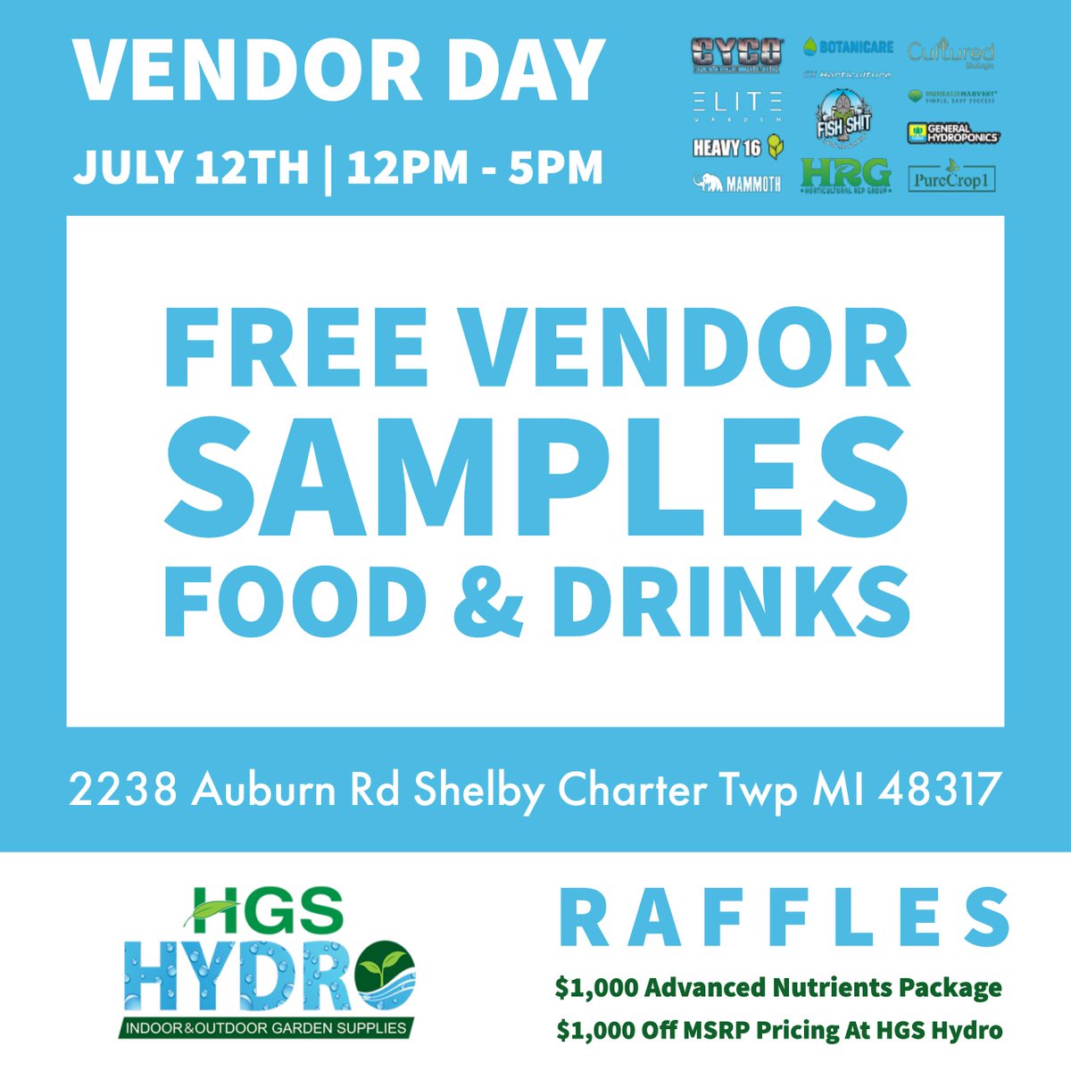 hgshydro's tweet photo. Come check us out at our vendor day event this Friday July 12th from 12pm to 5pm. We will have samples, food and drinks along with $1,000 raffles. Please stop by and see us. 2238 Auburn Rd, Shelby Charter Twp, MI 48317 https://t.co/ttqYkZeufT