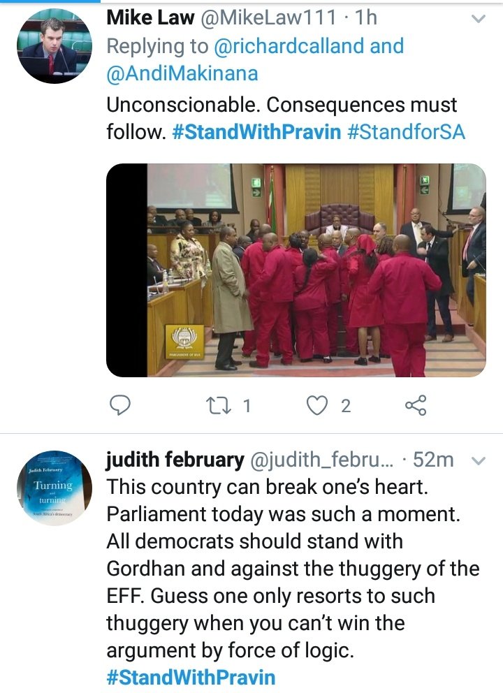 sanosanele's tweet photo. When President #Zuma was disrupted in parliament they were celebrating. Now that EFF MPs called #PravinGordhan to order,they are all up in arms in his defense,saying #StandWithPravin.
They will always defeat us because they are united by the color of their skin
#Ramaphosa #Malema https://t.co/CkUHbCOESU