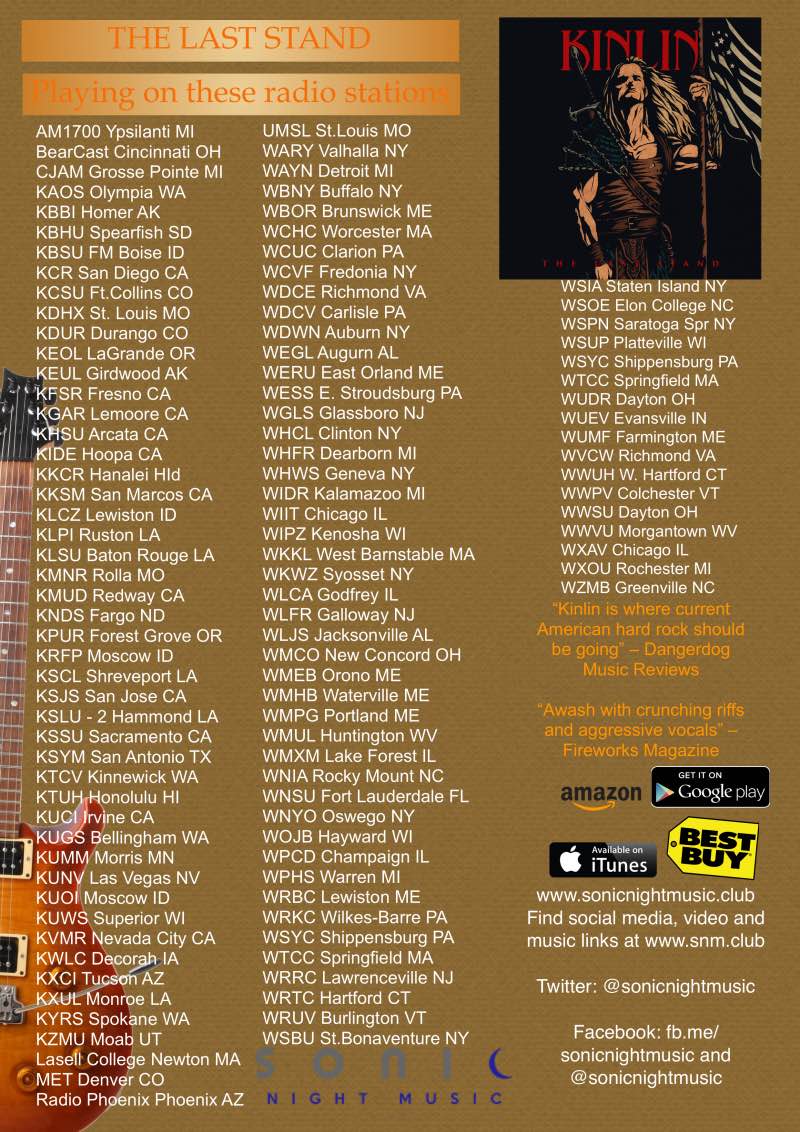 “The Last Stand” is playing on these radio stations!
open.spotify.com/album/2kjmXKLt…
“Kinlin is where American hard rock should be going” – Dangerdog Music Reviews
youtu.be/KpicEbq9UMg
amzn.to/2tA6kGb
#mvdentgroup #NP #kinlinmusic #spotify #amazon #applemusic #pandora #deezer