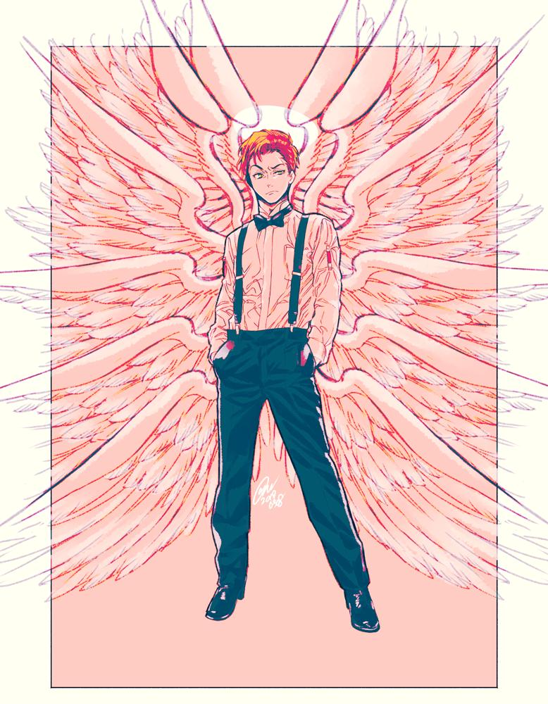 1boy wings male focus solo suspenders bow bowtie  illustration images