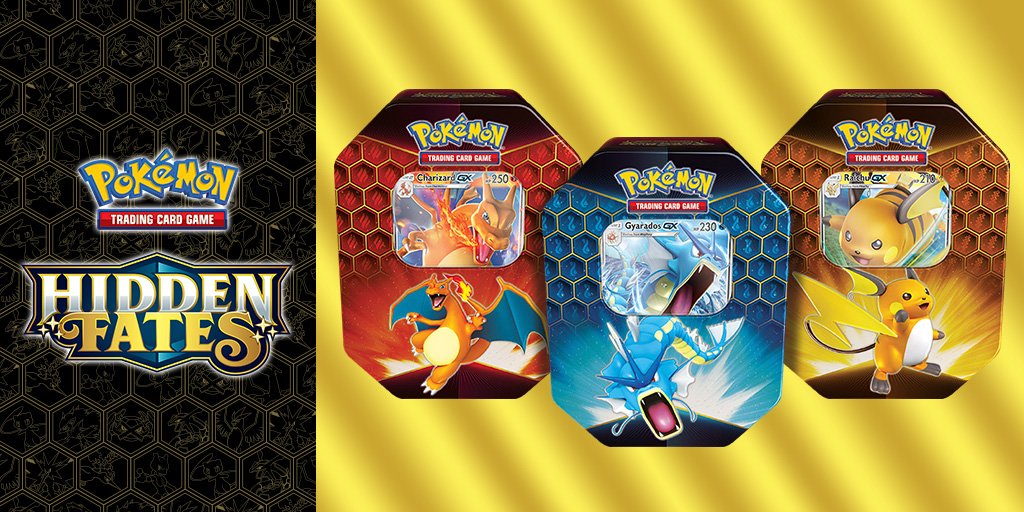 Pokemon's tweet photo. 🔥 Charizard-GX
🌊 Gyarados-GX
⚡ Raichu-GX

Choose among the elemental powers of Fire, Water, and Lightning with the Pokémon TCG: Hidden Fates Tin featuring Charizard-GX, Gyarados-GX, or Raichu-GX.

The choice is yours: https://t.co/TfgDGNs6KO https://t.co/b33FPlb1jt