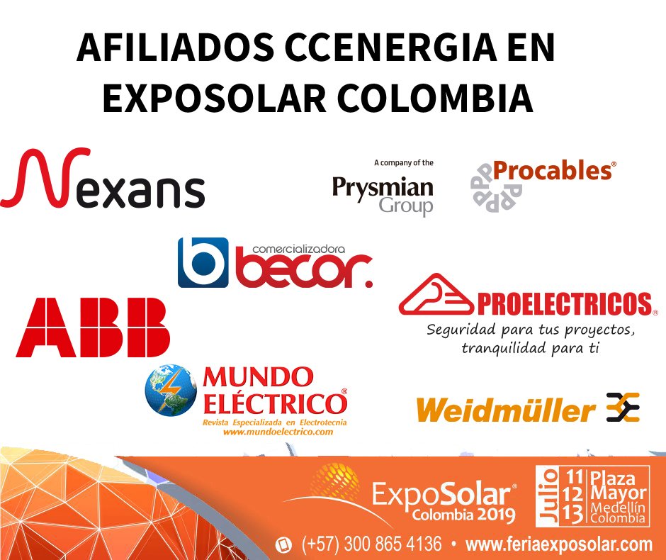 CC_Energia's tweet photo. Nuestros afiliados #Nexans, #Procables, #WeidmullerColombia, #Becor @Proelectricos @MElectrico  y @ABBenColombia también hacen parte de la Feria @ExposolarCol 
Visítelos!!! https://t.co/AepGINmUIG