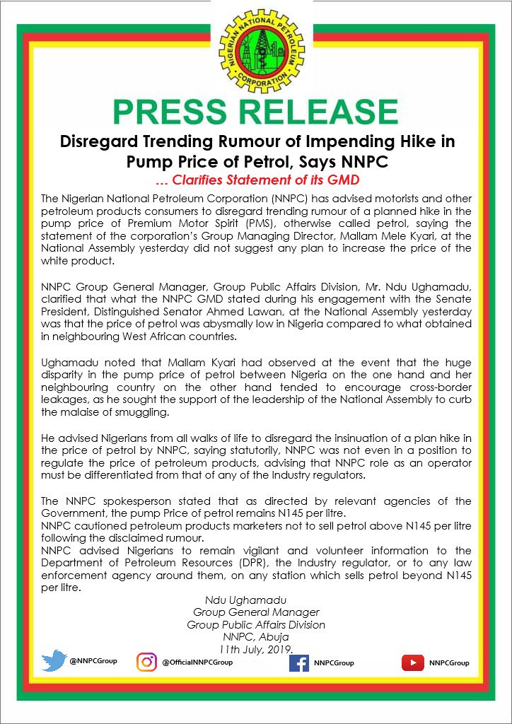 nnpclimited's tweet photo. PRESS RELEASE:  

Disregard Trending Rumour of Impending Hike in Pump Price of Petrol, Says @NNPCgroup 

...Clarifies Statement of its GMD https://t.co/Akhm0HJqSI