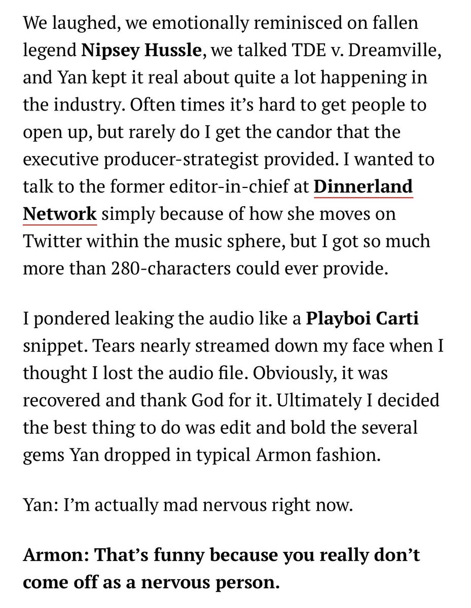 TatianaSnead's tweet photo. In my most vulnerable conversation to date, I spoke on @TopDawgEnt Vs. @Dreamville — s/o @inglewoodSiR — being inspired by Nip &amp; Dr. Dre’s authenticity, @dinner_land, the ideal A&amp;R, successful manager-artist relationships &amp; more with @KAZImagazine.

Enjoy.
https://t.co/j9L4Vcpfsp https://t.co/htSxtQfKJB