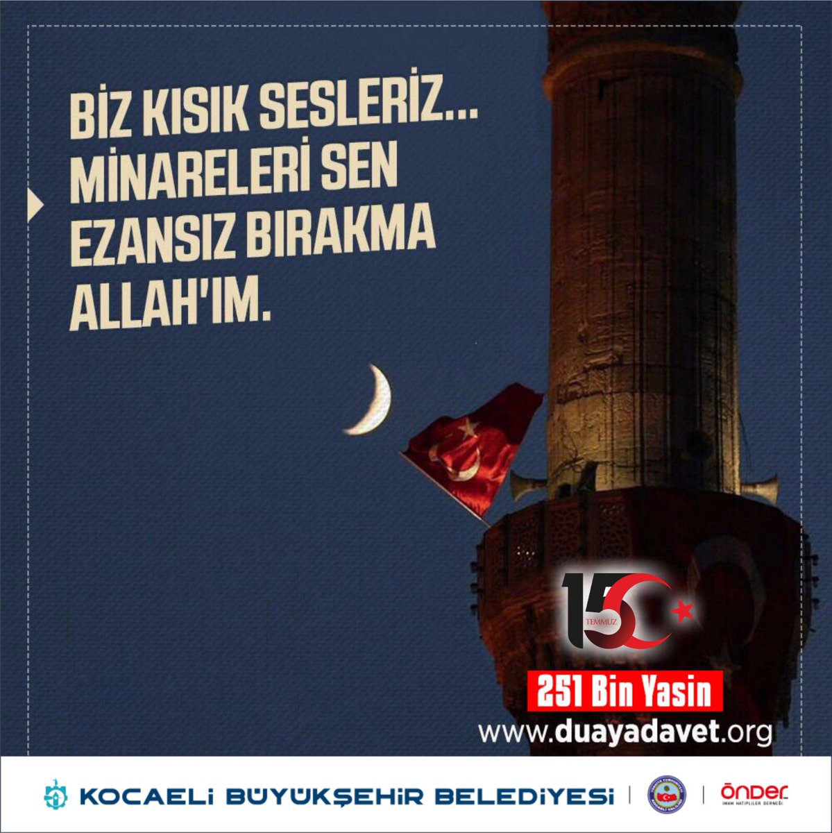 Biz, kısık sesleriz... Minareleri,
Sen, ezansız bırakma, Allah'ım!
#DuayaDavet
duayadavet.org
<a href="/avaliguney/">ALİ GÜNEY</a> <a href="/ellibes_mehmet/">Mehmet ELLİBEŞ</a> <a href="/tahirbuyukakin/">Tahir Büyükakın</a>