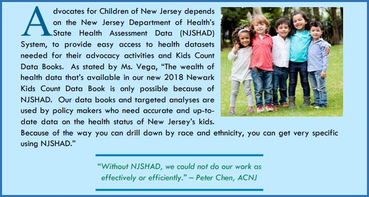 NJDeptofHealth's tweet photo. @CDC_EPHTracking A3: Users like @ACNJforKids depend on the #NJTracking data portal known as #NJSHAD, which serves as a one-stop data site used across the Department. #TrackingChat #BeyondData #WeTrackThat https://t.co/Vyzju6NdGU