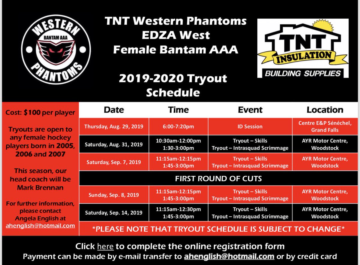 The Western Phantoms announce their tryout schedule. Please complete your registration on-line at form.jotform.com/91775801481260 
You can pay by credit card using the PayPal option on the registration site or send an e-transfer pmt to ahenglish@hotmail.com before August 28th, 2019.