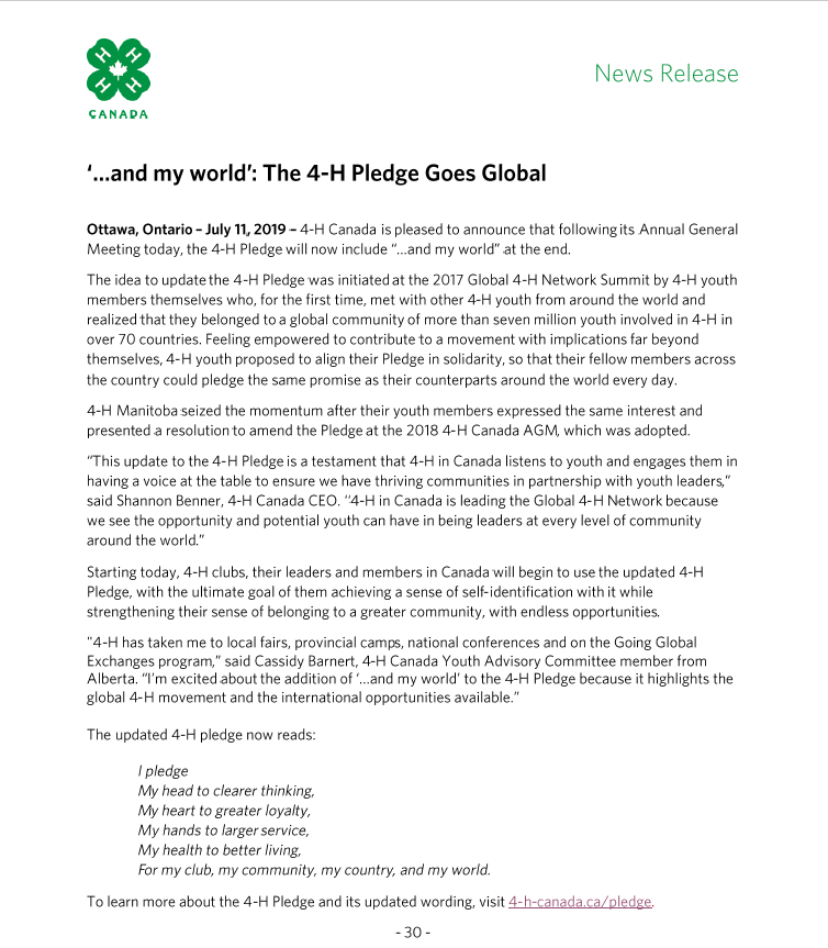 SenatorRobBlack's tweet image. Today @4HCanada announced that it will include “and my world” at the end of its pledge. Great news and a sign that 4-H continues to grow and become more global. 4-H has been an important part of my life and I’m glad that it is playing a role in the lives of youth around the world