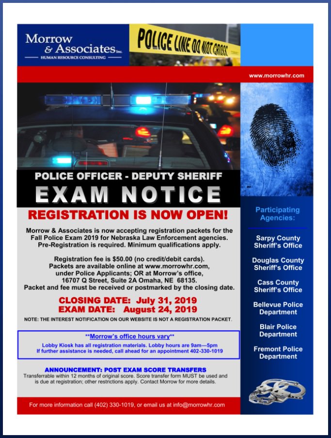 SCSO_Lt_Golda's tweet photo. Morrow and Associates is currently accepting applications for law enforcement testing. The Sarpy County Sheriff's Office utilizes Morrow and Associates to conduct applicant testing for the position of Sworn Deputy Sheriff. Registration closes on July 31st, 2019. #SCSO https://t.co/1lmDjQ5I9B