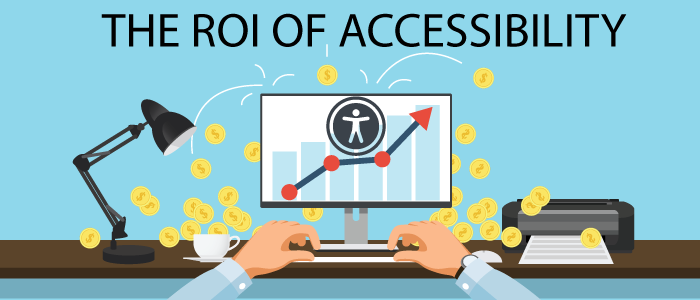 Banner for the ROI of Accessibility with a computer, an a11y symbol, and money