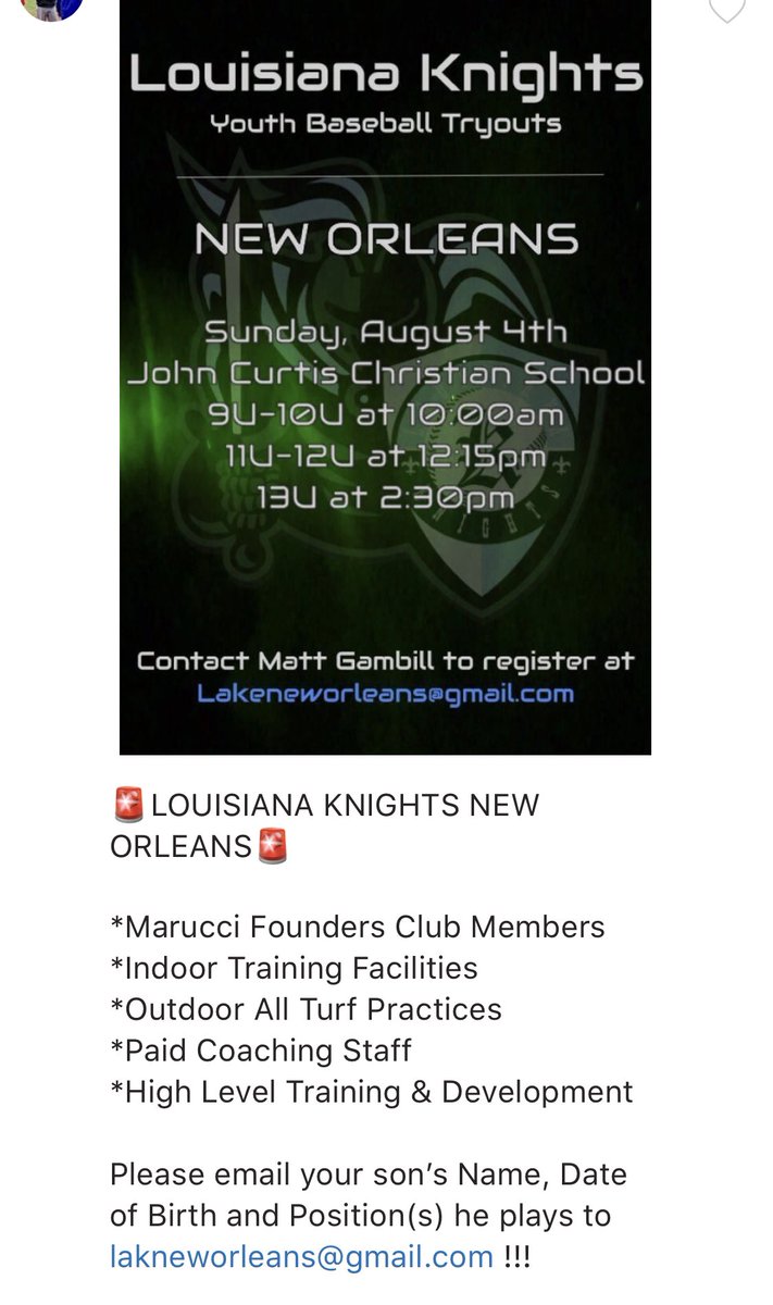 Coach_JHO's tweet photo. Still some time to Register @knights_no @Turn2BaseballNO #NOLAKnights #Metairie #NewOrleans #Kenner #Algiers #LaPlace #Destrehan #Luling #BelleChase #StBenard #Slidell https://t.co/0KaaNIpRvx