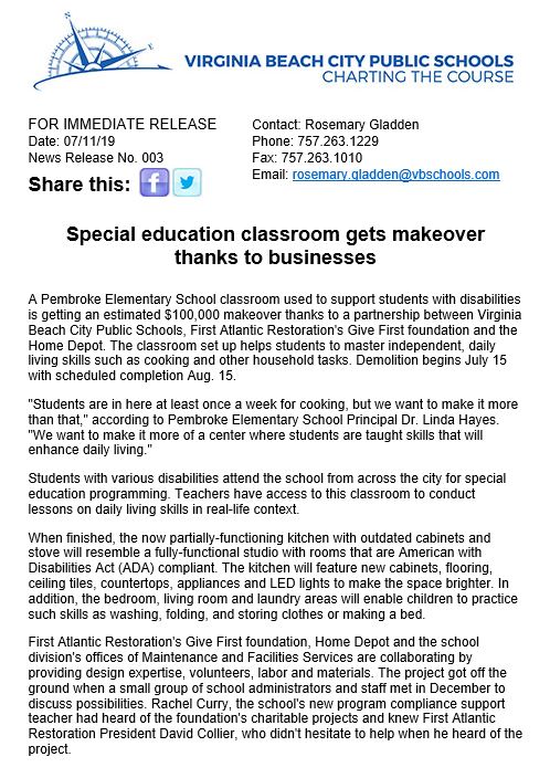 VBSchools (@vbschools) on Twitter photo Thanks to the partnership between VBCPS, First Atlantic Restoration's Give First foundation and the <a href="/HomeDepot/">The Home Depot</a>, a Pembroke Elementary School classroom used to support students with disabilities is getting an estimated $100,000 makeover. #WeAreVBSchools bit.ly/2XGQetc Thanks to the partnership between VBCPS, First Atlantic Restoration's Give First foundation and the <a href="/HomeDepot/">The Home Depot</a>, a Pembroke Elementary School classroom used to support students with disabilities is getting an estimated $100,000 makeover. #WeAreVBSchools bit.ly/2XGQetc