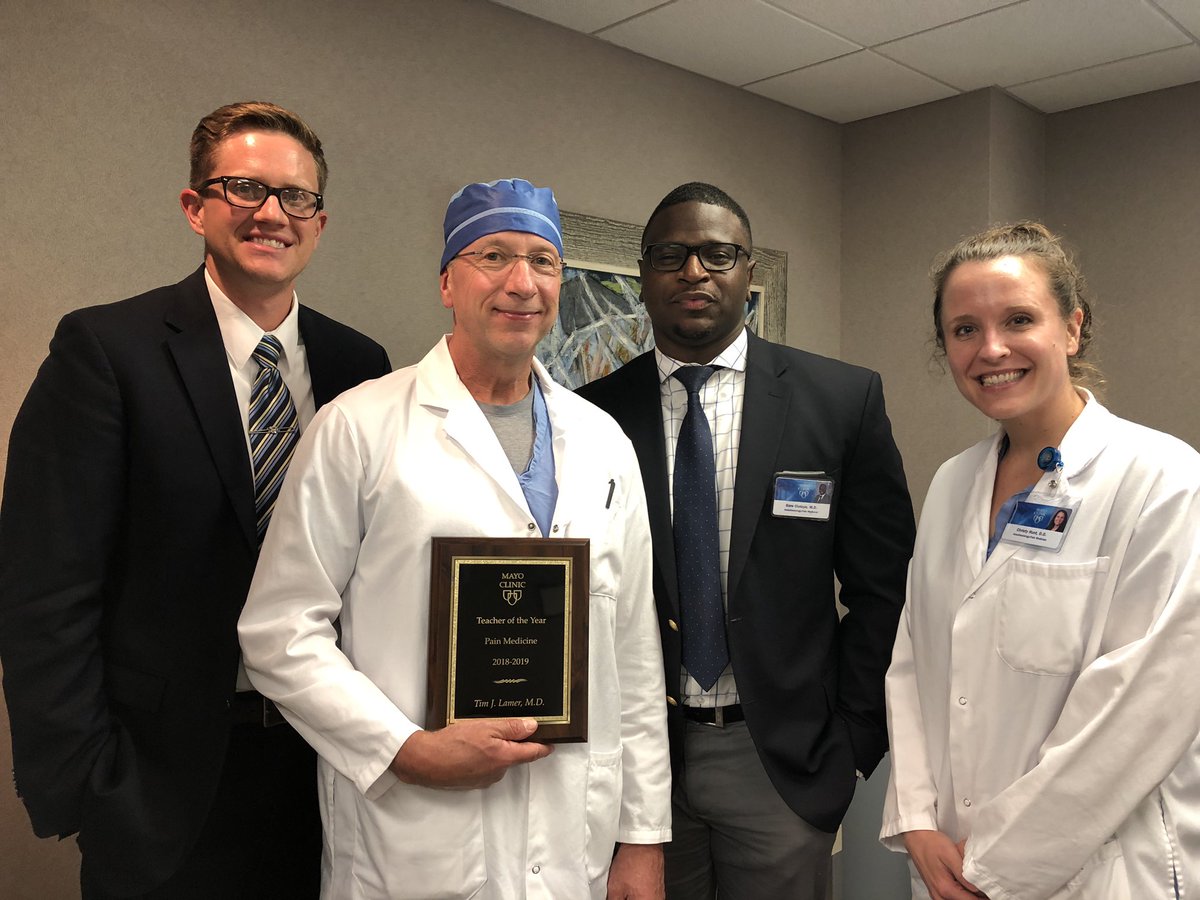. <a href="/MayoAnesthesia/">Mayo Clinic Department of Anesthesiology</a> #painmedicine fellows present Dr. Tim Lamer with the  Teacher of the Year Award- well deserved! 👏🙌🏻 so grateful to have him on faculty- amazing teacher, clinician &amp; colleague! <a href="/AmerAcadPainMed/">American Academy of Pain Medicine (AAPM)</a> <a href="/jonhagedornmd/">Jon Hagedorn, MD</a>