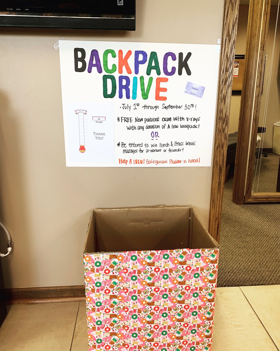 HSBolingbrook's tweet photo. Backpack Drive!!! FREE new patient exam with a donation of a new backpack.. OR if you are already a patient, you will be entered to win lunch &amp; stress break massages for your co-workers or friends! Until September 30th, #BackingOurCommunity https://t.co/htsKlz3Mh0