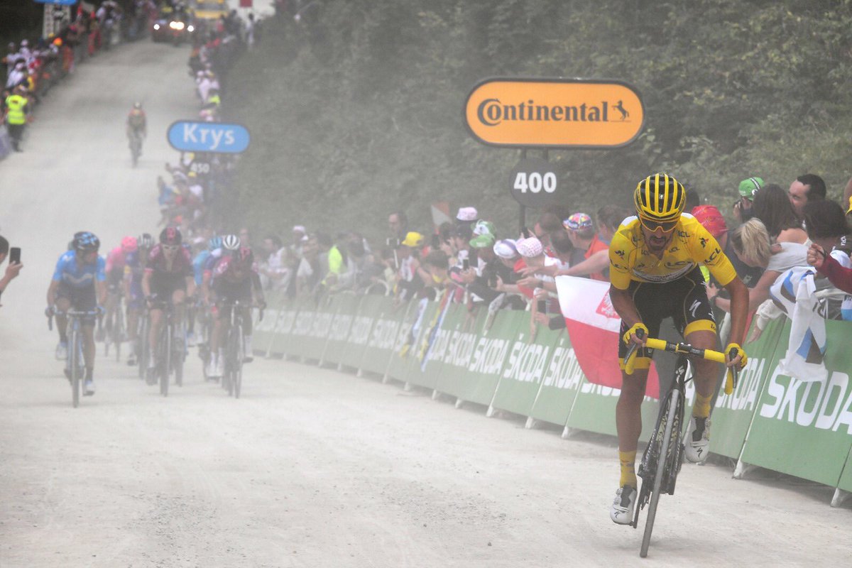 soudalquickstep's tweet photo. .@alafpolak1 honouring the #TDF2019 yellow jersey until the very last meter of the stage.
Photo: @GettySport https://t.co/UI6kbjPcyu