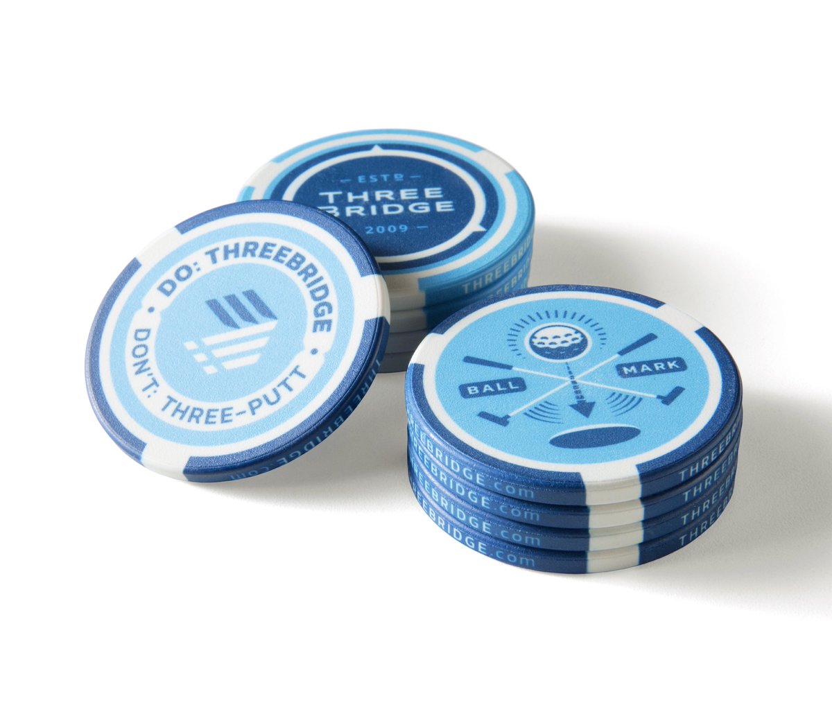 One of the words ThreeBridge uses to describe their clients is “blue chip.” This was a definite part of the ThreeBridge culture and it guided our design efforts.  Shown here is a golf ball marker (a literal “blue chip”) for meetings on the links. 🏌️‍