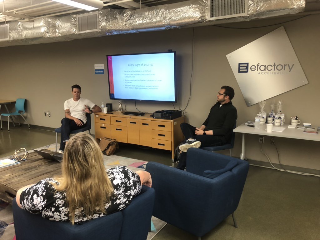 efactorySGF's tweet photo. .@jdjohnson and @egonzord from @mostly_serious are here talking stories & structure with #efactoryaccelerator companies https://t.co/dE8Ru8QsFE