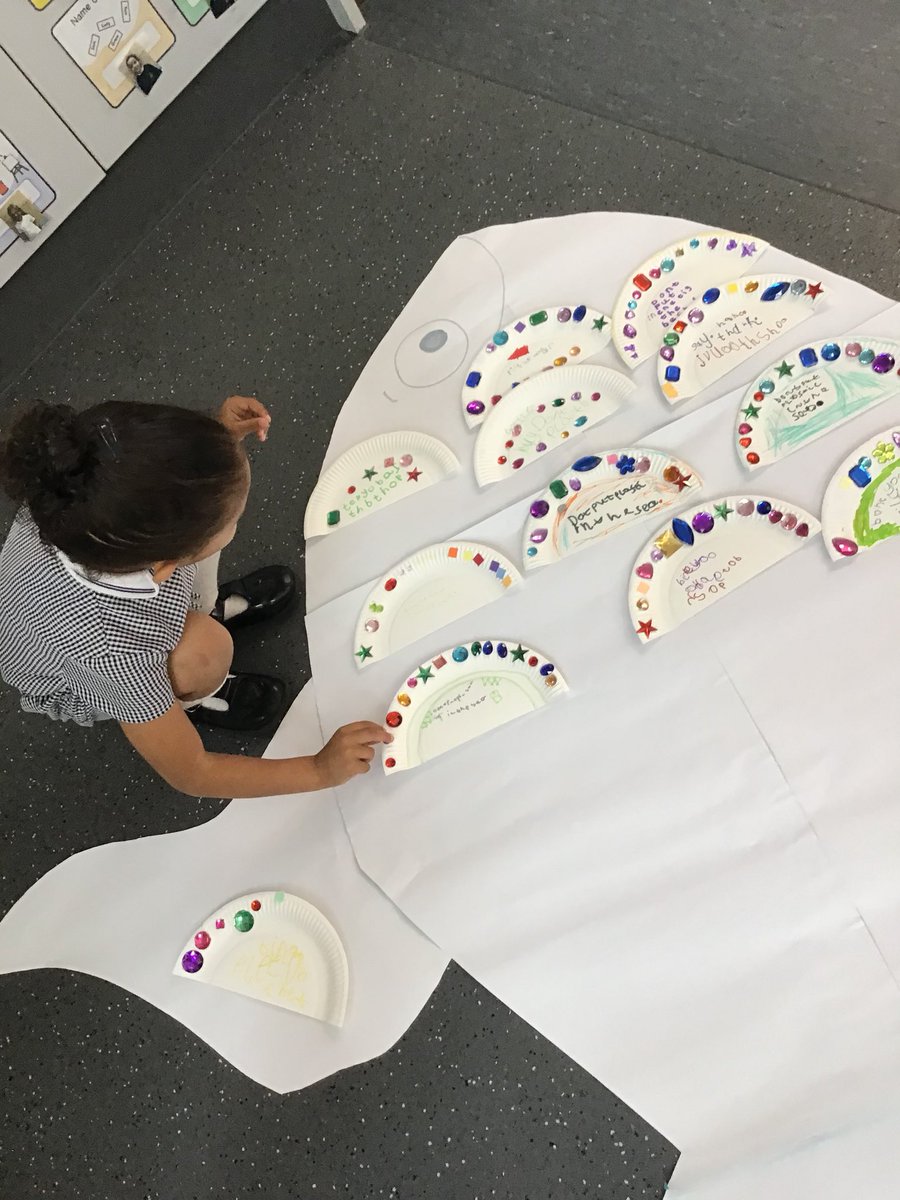 Year4tLTPA22's tweet photo. We thought of lots of great ideas about how to reduce plastic pollution. 🥤 We wrote our ideas down and decorated them to create fish scales 🐠. https://t.co/szTInoorRW