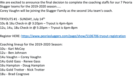 PeoriaSluggers's tweet photo. Peoria Sluggers Tryout - This Sunday, July 14th
10u &amp; 16u Levels - Check-in begins at 3:20pm - Tryout 4pm - 6pm
12u, 14u, 18u Levels - Check-n begins at 5:20pm - Tryout 6pm - 8pm
** There is a 1 time $20 tryout fee to be paid at check-in, $30 is not pre-registered online ** https://t.co/58Y5TYp5yO