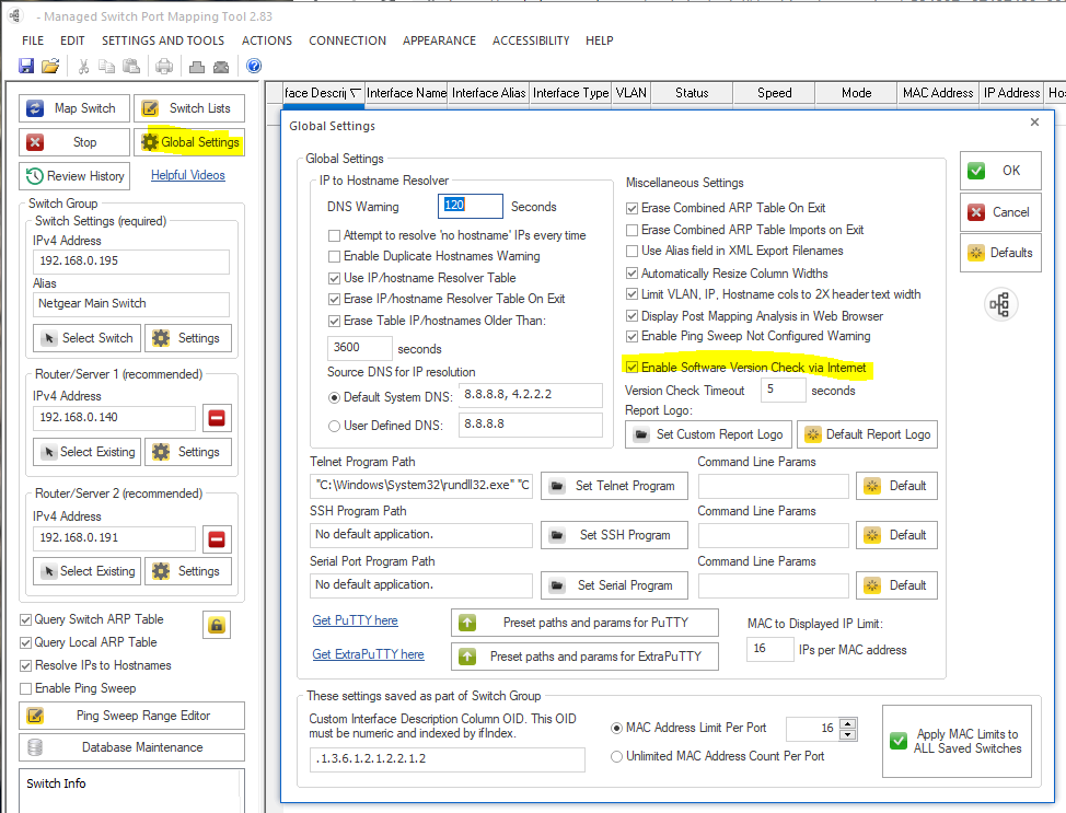 NetScanTools's tweet image. Are you running the Managed Switch Port Mapping Tool in an #air #gapped #network? Turn off automatic new version checking as shown below.