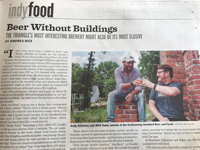 Stay tuned for Standard Beer and Foods coming to Person Street this fall!

Co-founders Andy Schnitzer and Whit Baker, who are also partners in Ancillary Fermentation, are featured in this week’s Indy. Take a look by visiting indyweek.com/food-and-drink…