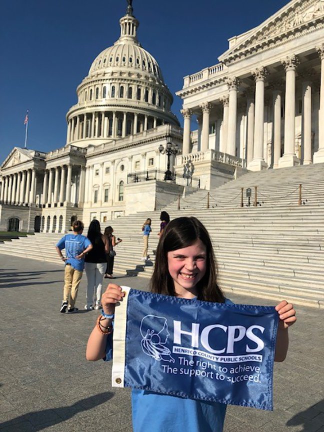 HenricoSchools's tweet photo. Shoutout to Eleanor Seaborn, a rising fourth-grader at Glen Allen Elementary School, who spent July 8-10 in Washington advocating for Type 1 diabetes research as part of the @JDRF Children's Congress! (She took along that ever-rambling #HCPSflag.) https://t.co/Kev14T5sXQ