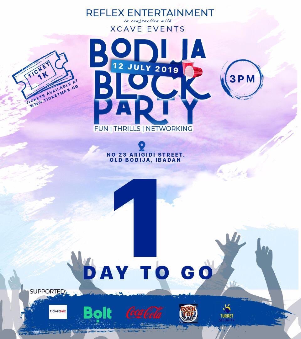 Ibadan247's tweet photo. Tomorrow, Friday 12th July is.......

🎉BODIJA BLOCK PARTY 🎉 
.
. 
Location: No 23, Arigidi Street, Old Bodija, Ibadan.
Time: 3pm-3am
Ticket:  ₦1,000 [Tickets available now at https://t.co/6S4KPOK1d6] 

#ibadanblockparty
#fununleashed #ibadan https://t.co/QLD3HrEzSq