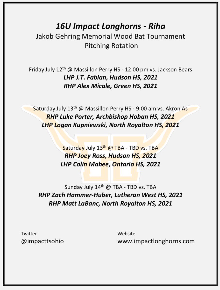 Impact Baseball Club Ohio (@impacttsohio) on Twitter photo 16u Impact Longhorns pitching rotation for the <a href="/teamsportsinfo/">Mark Hoisington</a> Jakob Gehring Memorial Wood Bat Tournament. 16u Impact Longhorns pitching rotation for the <a href="/teamsportsinfo/">Mark Hoisington</a> Jakob Gehring Memorial Wood Bat Tournament.