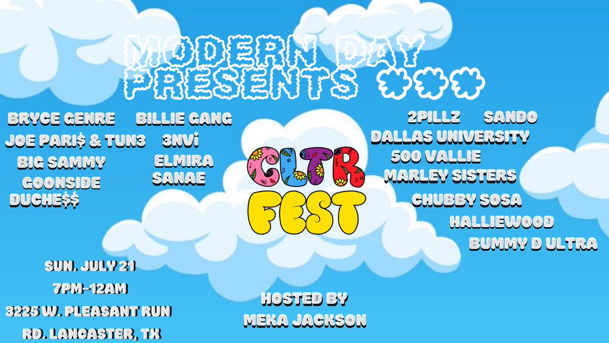 macronimusic's tweet photo. July 21st itβs up!!! #cltrfest 7 Hosted By @dontfollowmeka Featuring @brycegenre @ThaDallasU @fukpariss @Tun3eTweets @Chubbysosaa @beenbillie @MCSpaceBFresh @Grustler_MT @HallieWoodEnt @duchyduch @yuhsammyy @DeleDaPoet and some of the Dopest creatives in the city!!! https://t.co/e0m8ci86HY