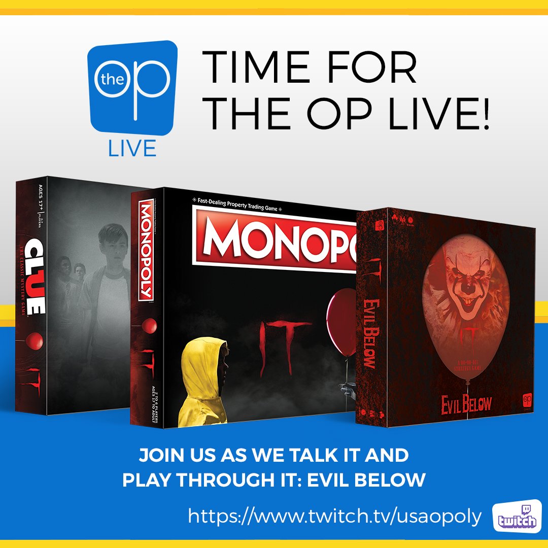 TheOpGames's tweet photo. IT is time! ⛵ Join us RIGHT NOW for #TheOPLive where we'll be discussing our #IT line and answering your most pressing questions about @Comic_Con, news games from #TheOP, and more!
Watch LIVE Now 👉 https://t.co/Pntw5kz7To
#SDCC50 #Livestream #StephenKing #ComicCon2019 https://t.co/cigDPSux0T