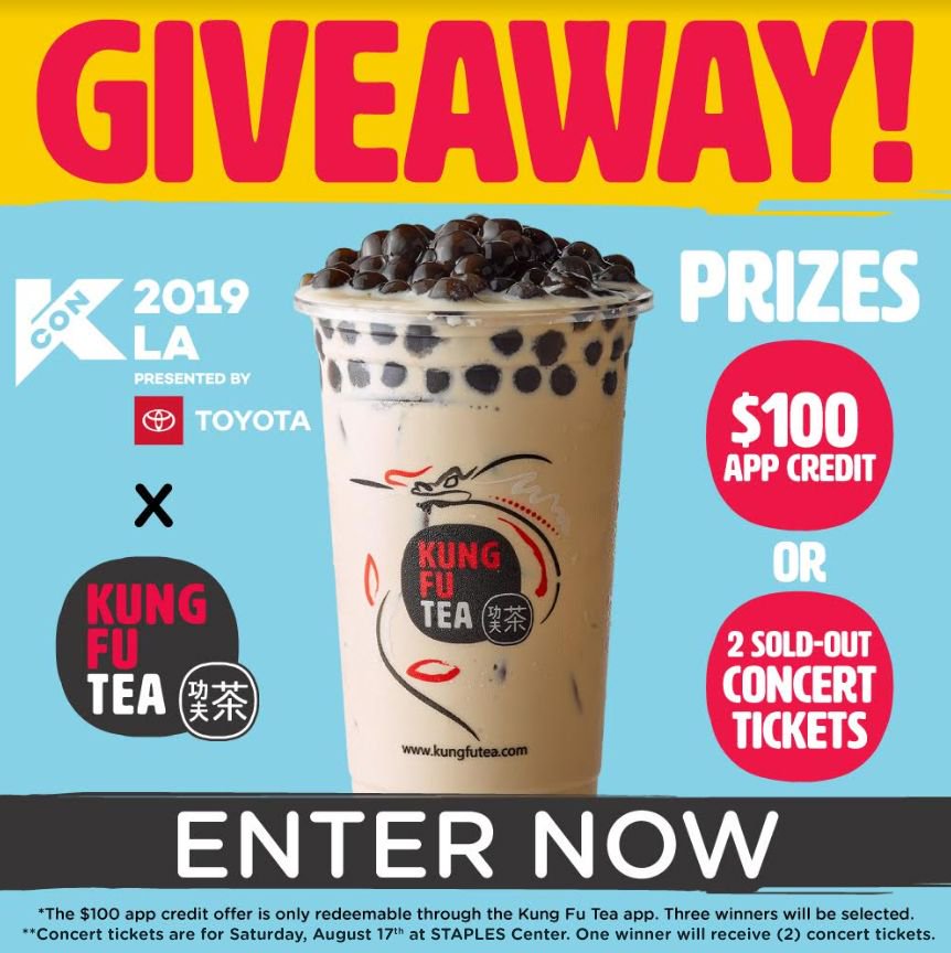 kfteausa's tweet photo. 😎 Want a chance to win $100 #KungFuTea App Credit OR a pair of #KCON19LA Concert Tickets? 😎

Follow @kfteausa &amp; @kconusa
Like &amp; Retweet this post
Tell us which prize you want in the comments below!

*3 WINNERS for app credit &amp; 1 WINNER for KCON tickets!* #KFTxKCON19 🎉 https://t.co/9ZZcXkb3jd