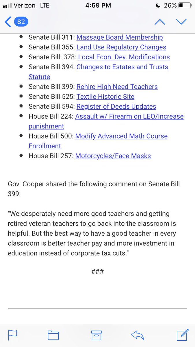 Press release today from @NC_Governor Roy Cooper announcing he’s signed several bills into law, incl. SB399 that allows retired teachers to return to work at high-needs schools without it negatively impacting their retirement benefits. #nced #ncpol #ncga