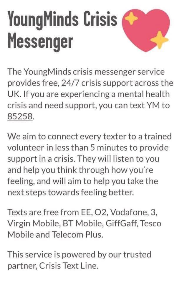 Young people can access support for various aspects of mental health through <a href="/YoungMindsUK/">YoungMinds</a> their website youngminds.org.uk/find-help/ has lots of information and for anyone struggling, the YoungMinds Crisis Messenger is handy to know about too (info attached.) ☺️